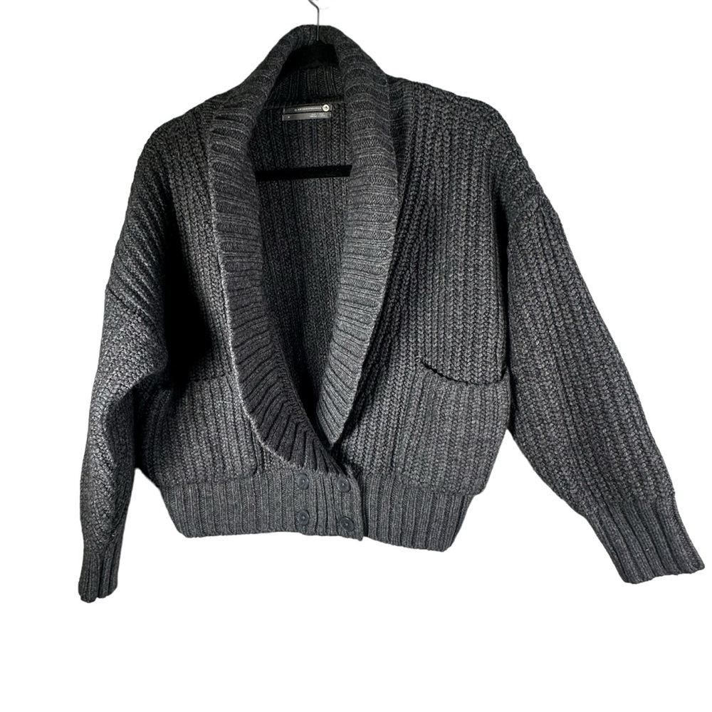 Anthropologie Deep V Cardigan Sweater Button Gray Carbon Oversized Chunky Knit - Picture 2 of 13